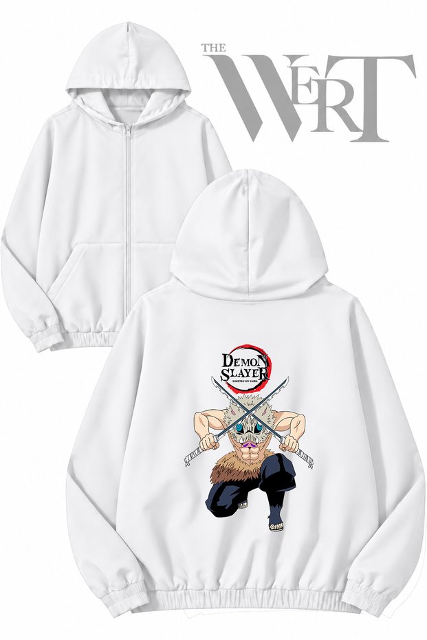 Demon Slayer Pig Back Printed Zippered Hooded White Cardigan (2 Yarns)