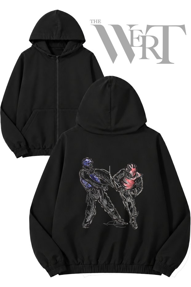 Taekwondo Drawing Illustration Back Printed Zipper Hooded Black Cardigan (2 Yarns)