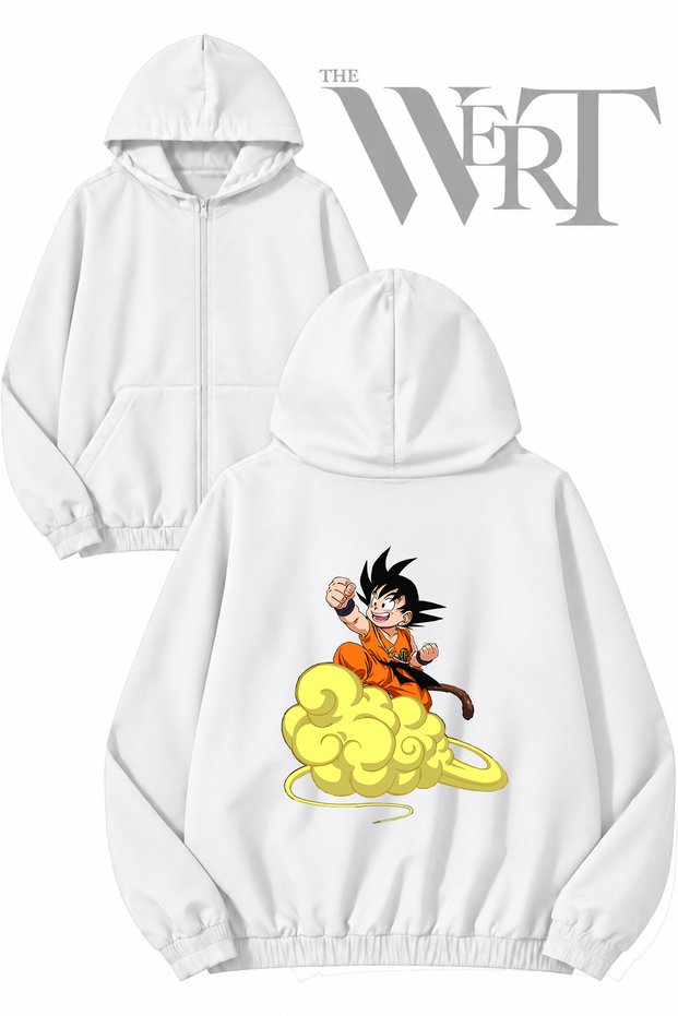 Dragon Ball Nimbus Cloud Back Printed Zippered Hooded White Cardigan (2 Yarn)