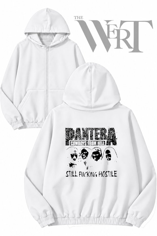 Pantera Rock 2 Back Printed Zippered Hooded White Cardigan (2 Yarn)