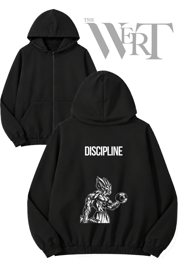 Discipline Back-Printed Zippered Hooded Black Cardigan (2 Yarns)