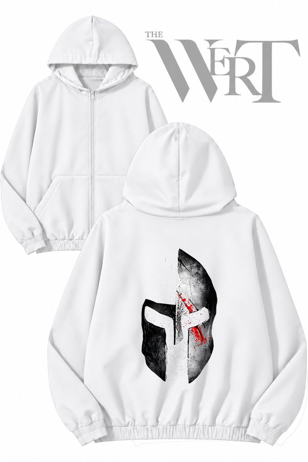 Spartan 9 Back Printed Zippered Hooded White Cardigan (2 Yarns)