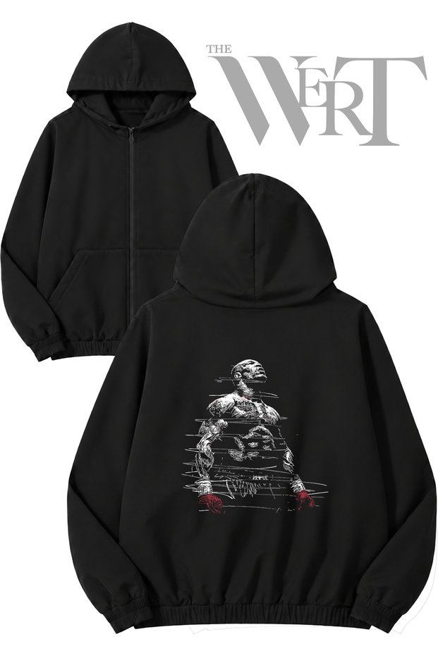 Mike Tyson 1 Back Printed Zippered Hooded Black Cardigan (2 Yarns)