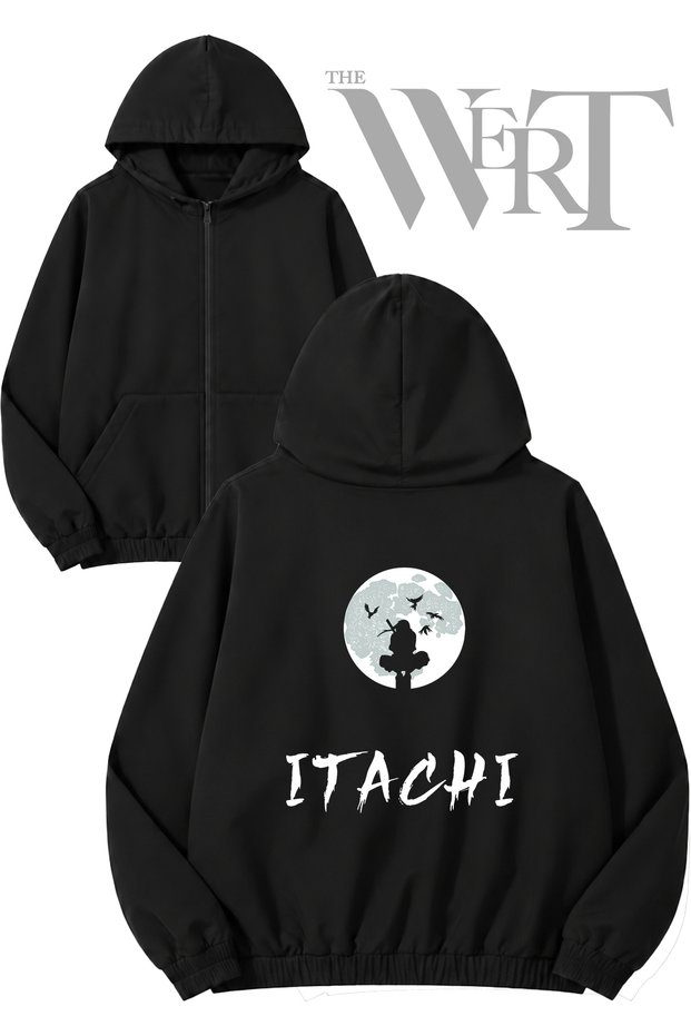 Uchiha Itachi Naruto 1 Back Printed Zippered Hooded Black Cardigan (2 Yarns)