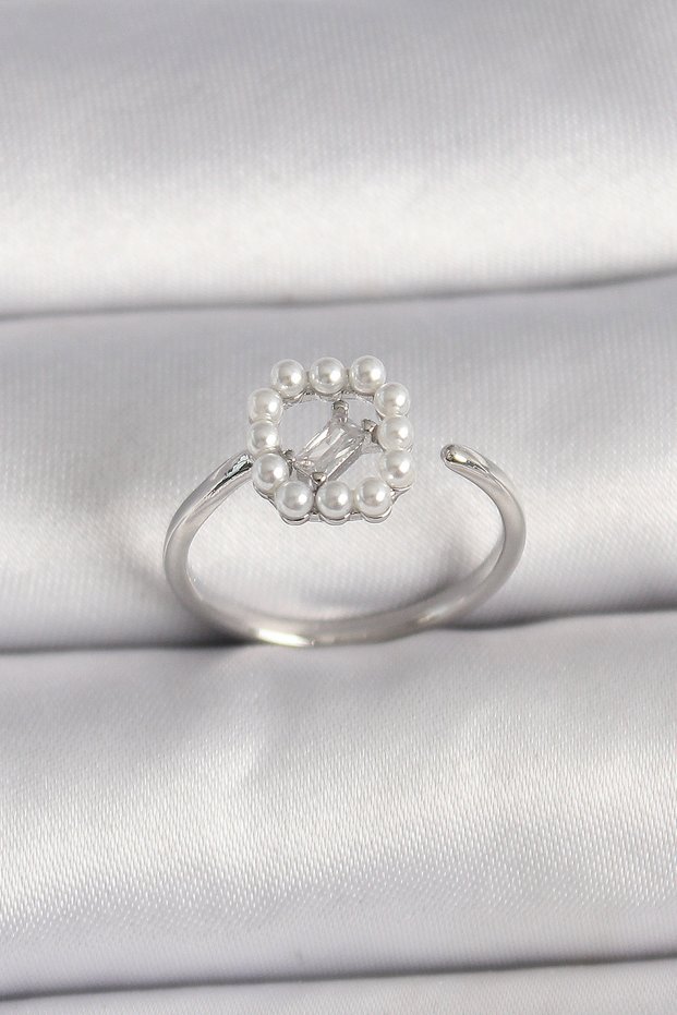 Adjustable Ring with Pearl and Silver-Colored Zircon Stone Embellished with Tulle Detail - Lisinya LSELDR06
