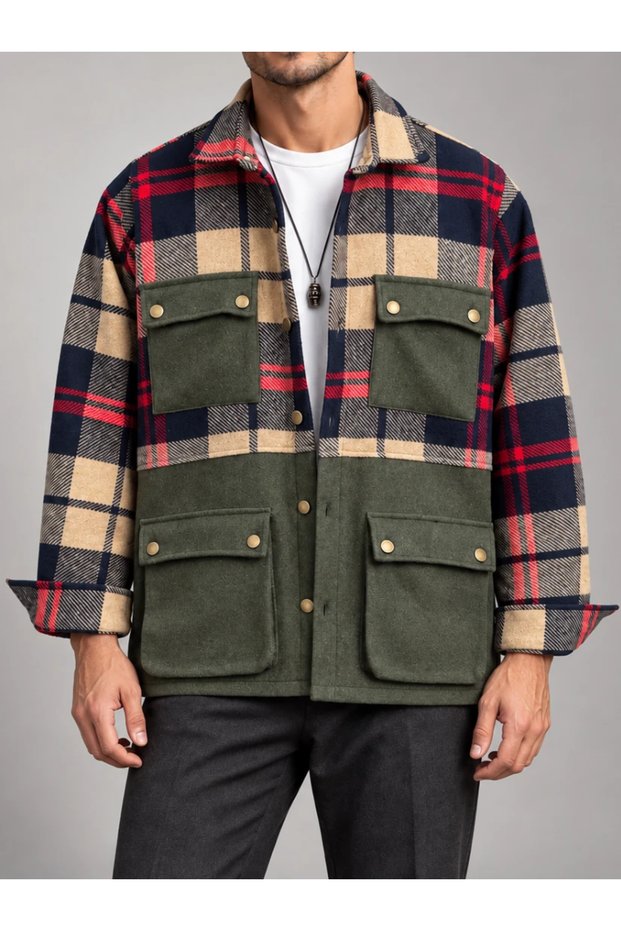 Oversized Cotton Plaid Four-Pocket Shirt