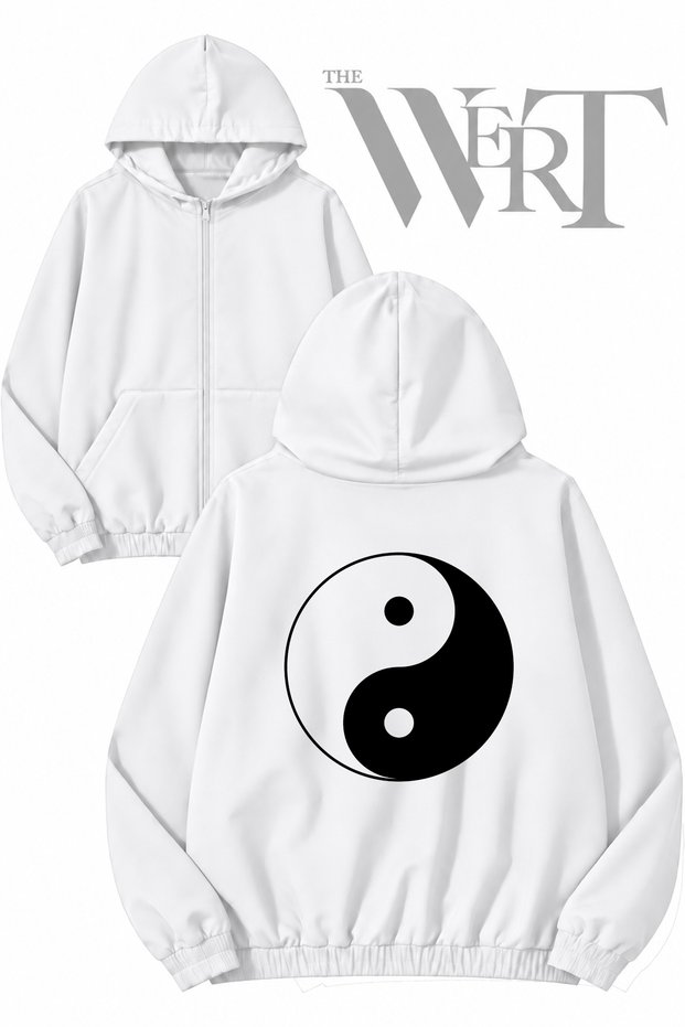 Yin Yang_2 Back Printed Zippered Hooded White Cardigan (2 Yarns)
