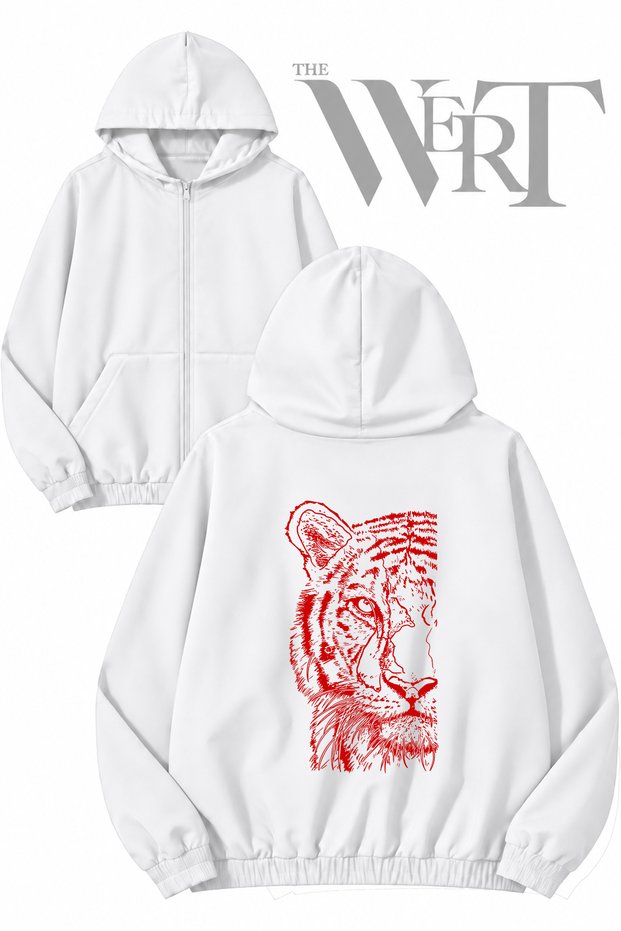 Red Tiger Back Print Zippered Hooded White Cardigan (2 Yarns)