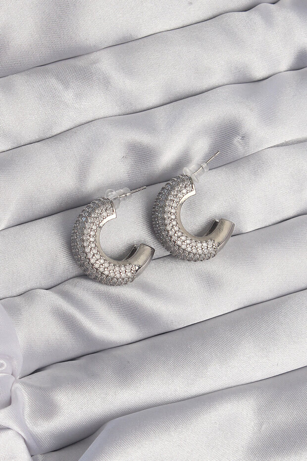 Brass Silver Color Zircon Stone Half Hoop Earrings -