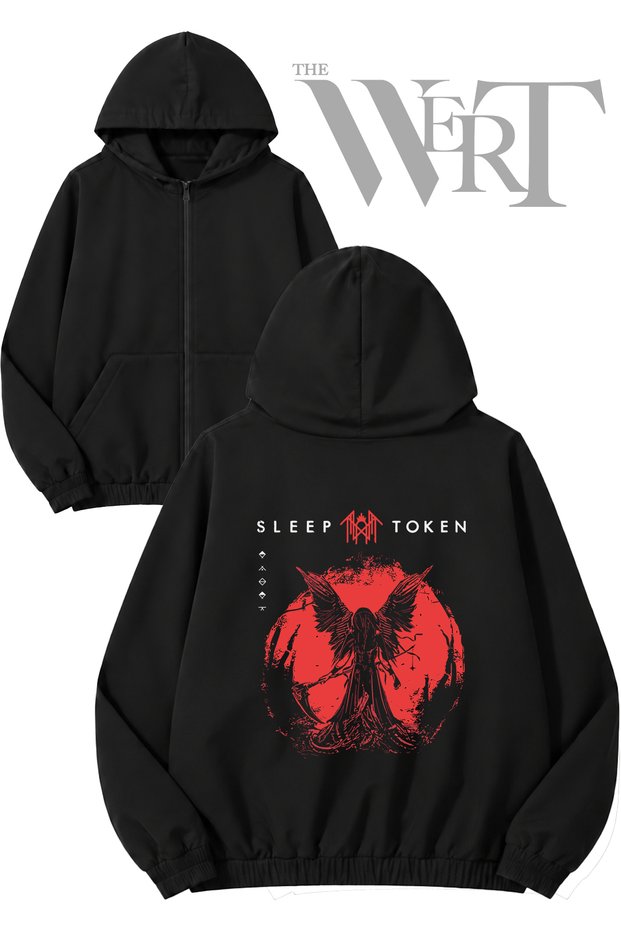 Sleep Token Angel Back Printed Zippered Hooded Black Cardigan (2 Yarns)