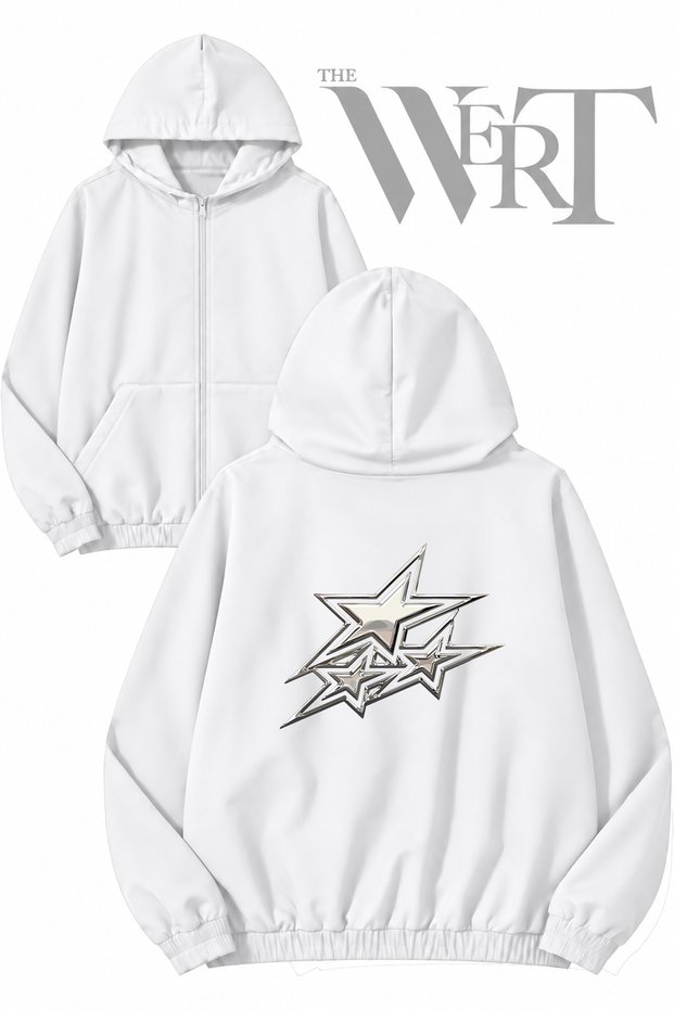 Silver Stars Back Printed Zippered Hooded White Cardigan (2 Yarns)