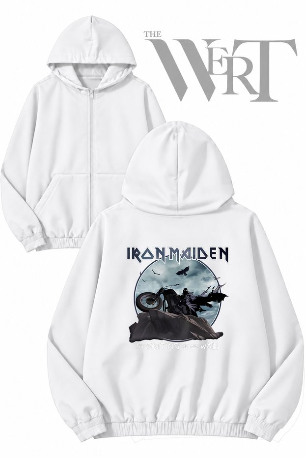 Iron Maiden the Writing Back-Printed Zippered Hooded White Cardigan (2 Yarn)