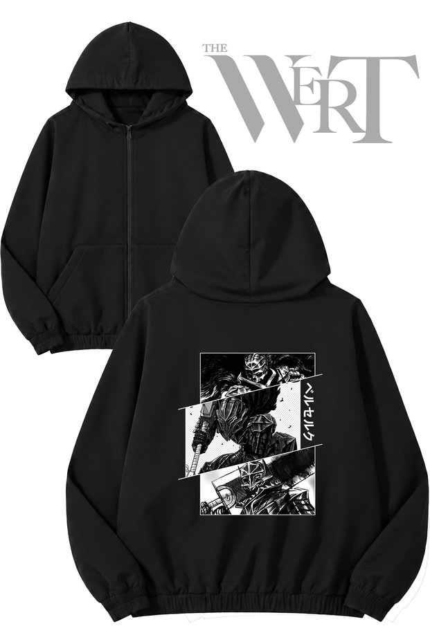 Berserk Armor Back Printed Zippered Hooded Black Cardigan (2 Yarns)