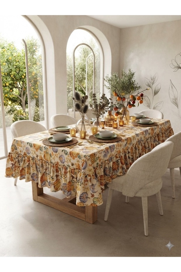 Pumpkin Patterned Ruffled Tablecloth - Possesses a Liquid Repellent Feature