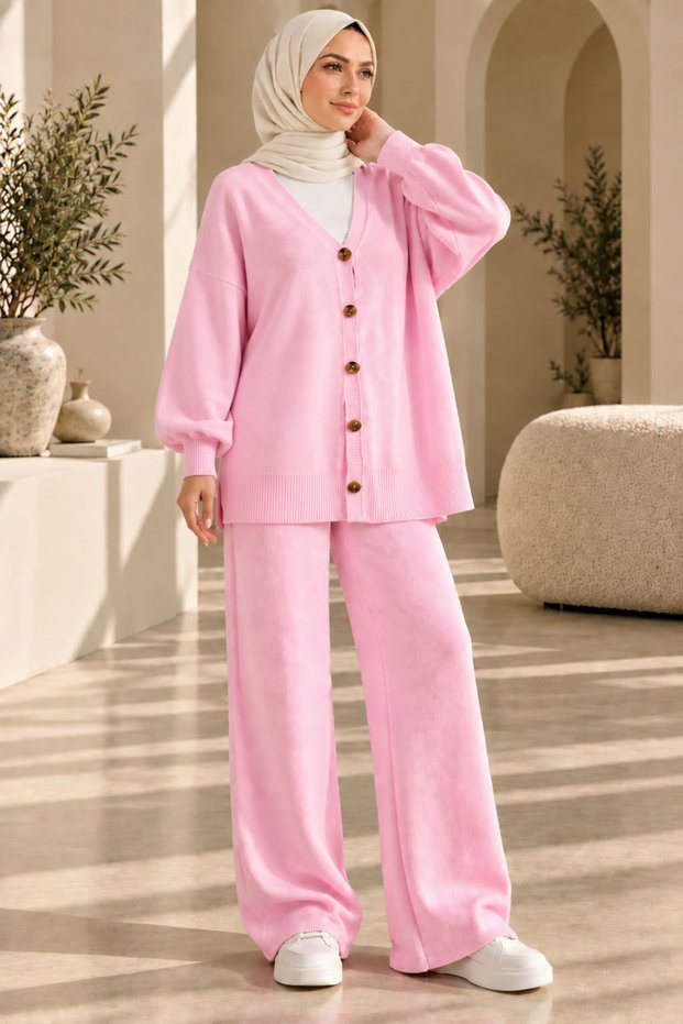 Women's Islamic Clothing Knitwear Set: Buttoned Cardigan and Wide-Legged Pants Two-Piece Set, Loose and Comfortable Fit