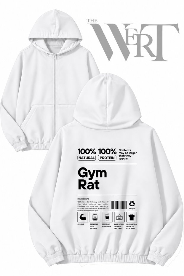Gym Rat Back Printed Zippered Hooded White Cardigan (2 Yarns)