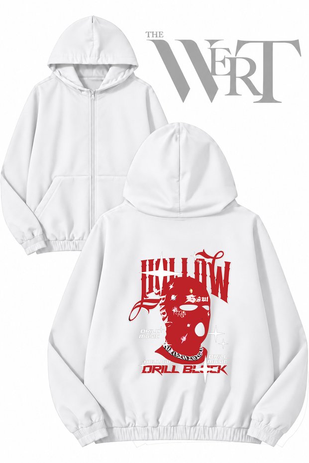 Hollow Drill Block Back Printed Zippered Hooded White Cardigan (2 Yarns)