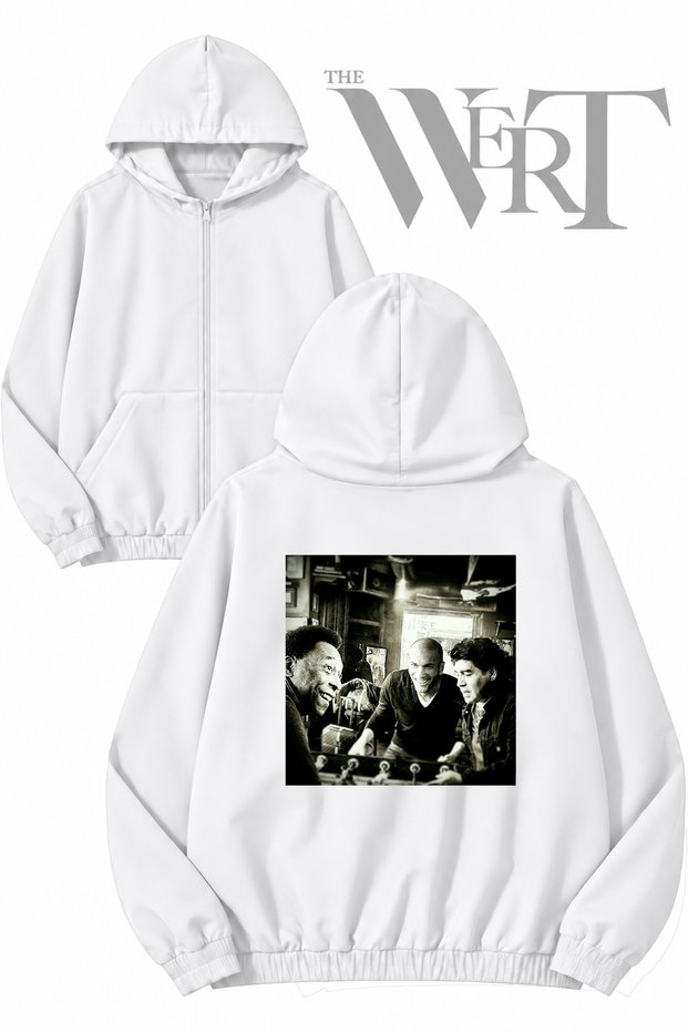 Zidane Pele Maradonna Maradona Back Printed Zippered Hooded White Cardigan (2 Yarns)