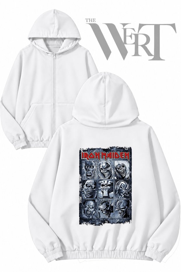 Iron Maiden Fear Dark Back Printed Zippered Hooded White Cardigan (2 Yarn)
