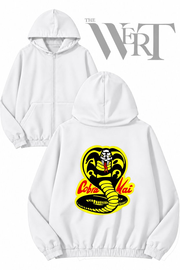 Cobra Kai 2 Back Printed Zippered Hooded White Cardigan (2 Yarns)