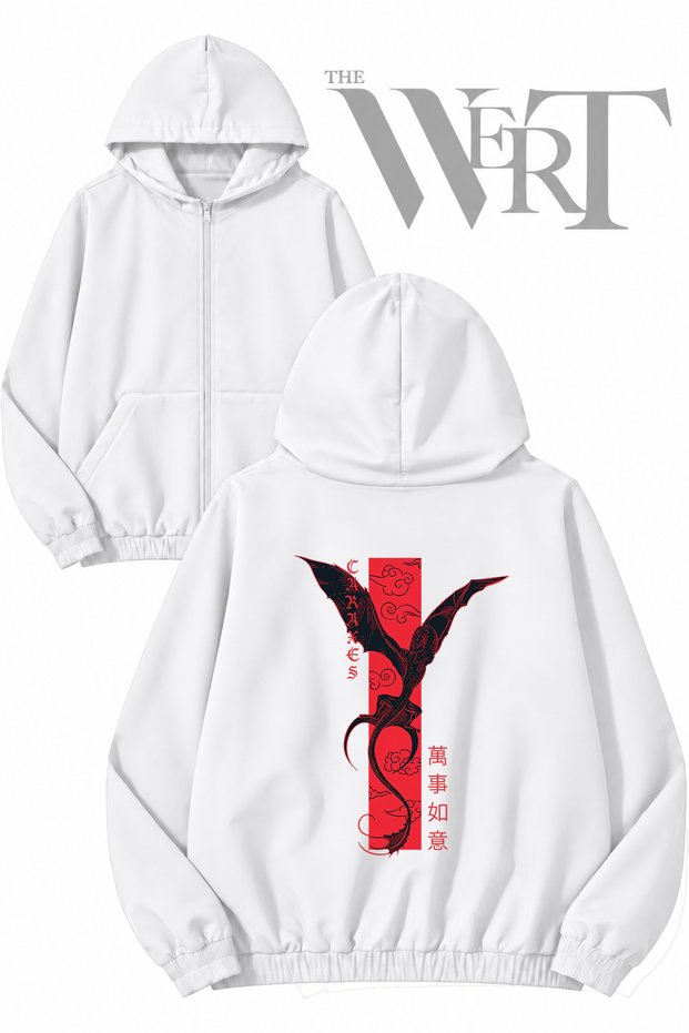 Caraxes Dragon Back Printed Zippered Hooded White Cardigan (2 Yarns)