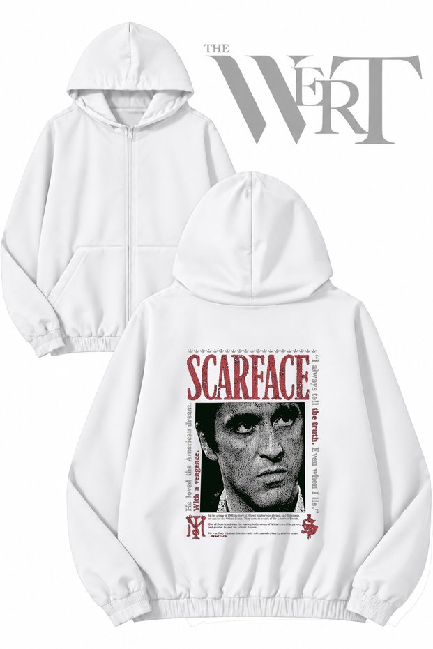 Scarface with a Vengence Back Printed Zippered Hooded White Cardigan (2 Yarns)
