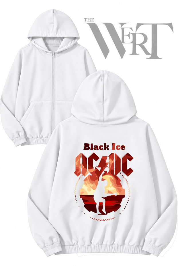 Ac Dc Black Ice Back Printed Zippered Hooded White Cardigan (2 Yarns)