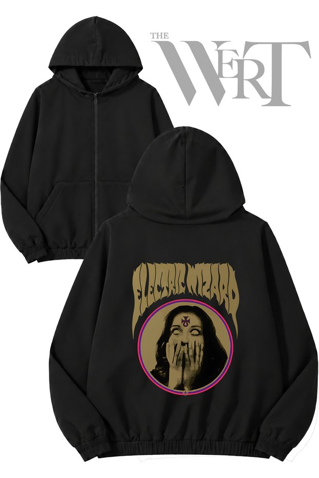 Electric Wizard Shrug Back Printed Zipper Hooded Black Cardigan (2 Yarn)
