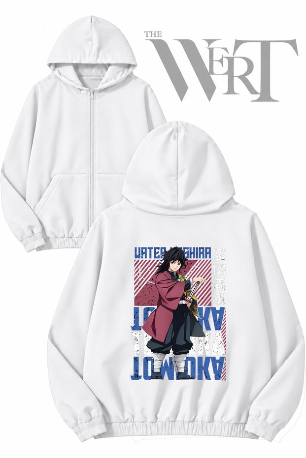 Giyu Tomioka Anime Character Back Print Zippered Hooded White Cardigan (2 Yarns)