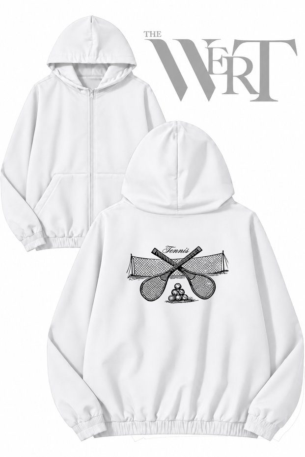 Tennis 5 Back Printed Zippered Hooded White Cardigan (2 Yarns)