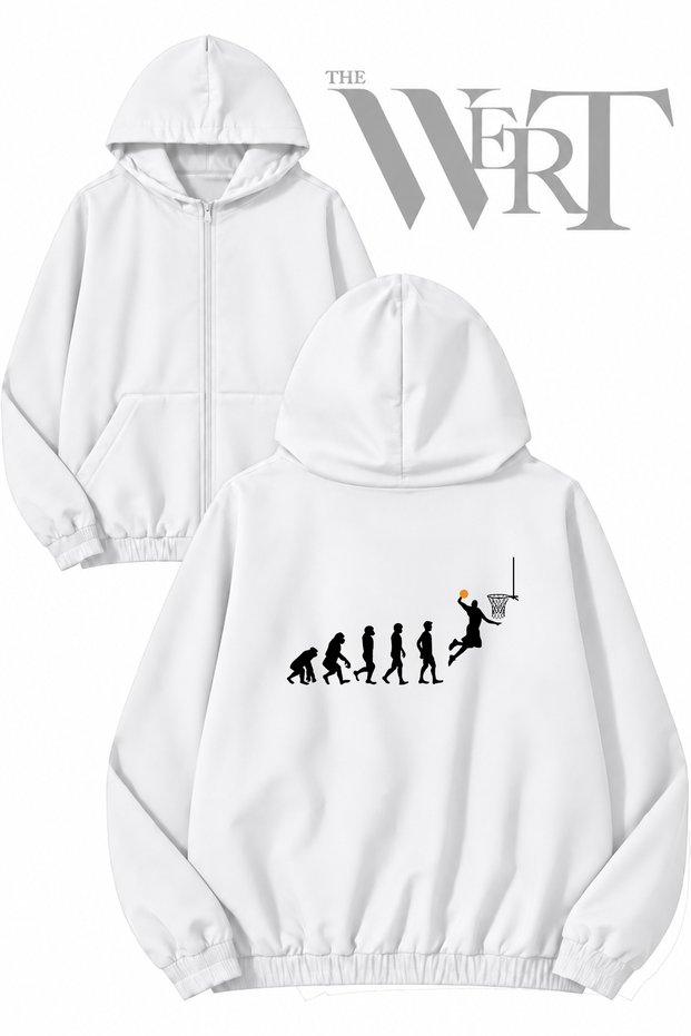 Basketball Evolution Back Printed Zippered Hooded White Cardigan (2 Yarns)
