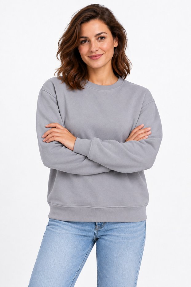 Soft Puff Fabric Women's Gray Color Sweatshirt Crew Neck Comfortable Fit