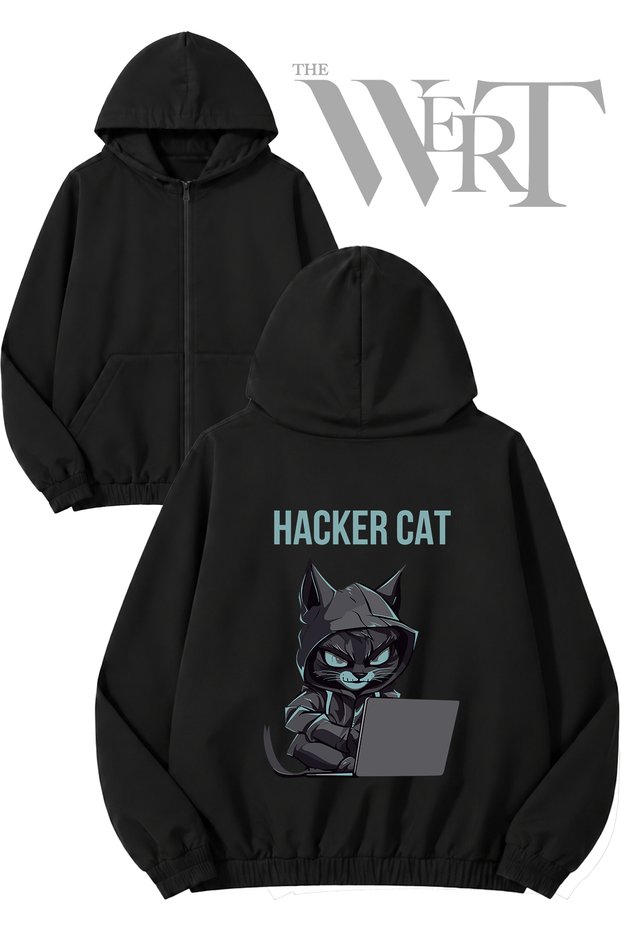 A Hacker Cat Back-Printed Zippered Hooded Black Cardigan (2 Yarns)