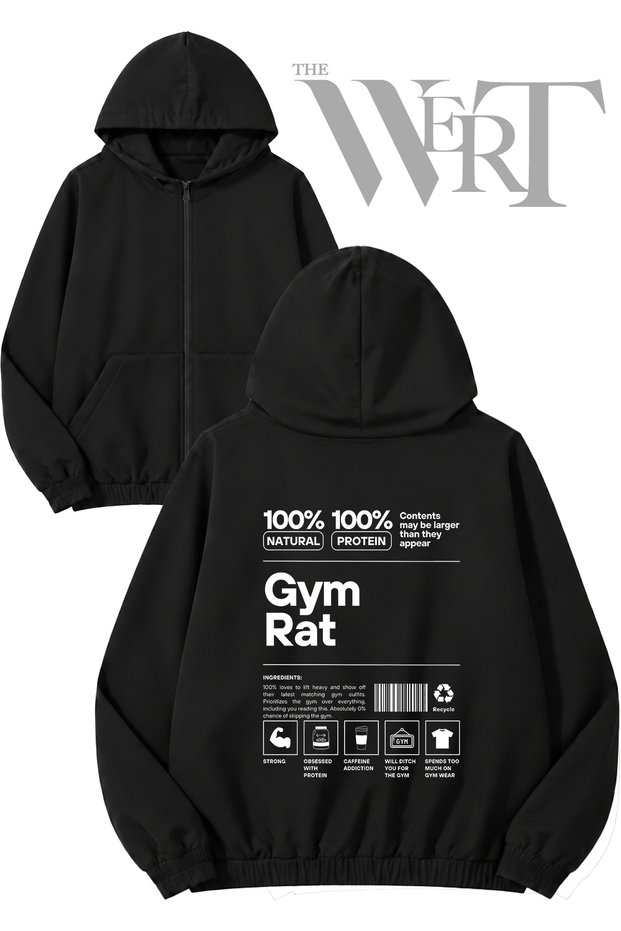 Gym Rat Back Printed Zippered Hooded Black Cardigan (2 Yarns)