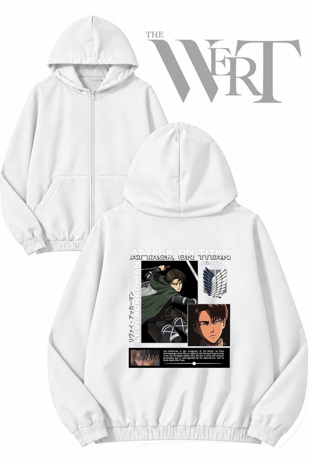 Attack on Titan Levi6 Back Printed Zippered Hooded White Cardigan (2 Yarns)
