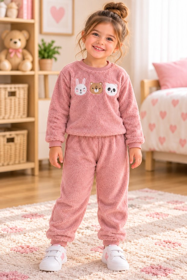 Girl's Plush Pajama Set with Cute Animal Figures - Top and Bottom Set
