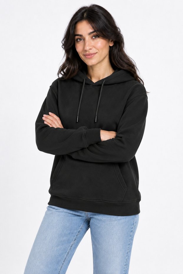 Women's Black Hooded 3-Thread Sweatshirt with Kangaroo Pocket