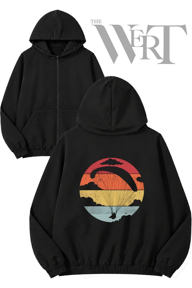 Vintage Paragliding Back Printed Zippered Hooded Black Cardigan (2 Yarn)