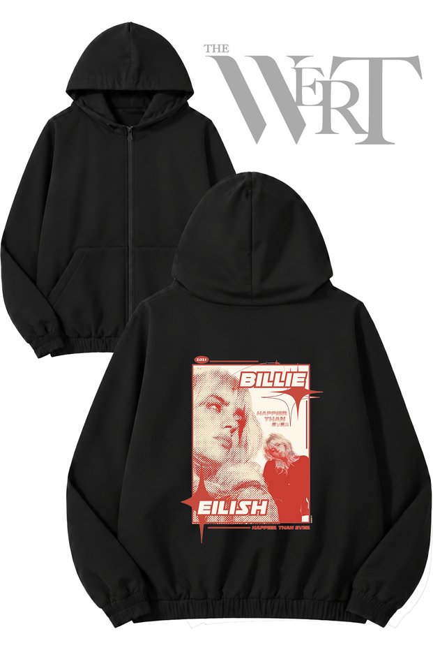 Billie Eilish Red Back Printed Zippered Hooded Black Cardigan (2 Yarns)