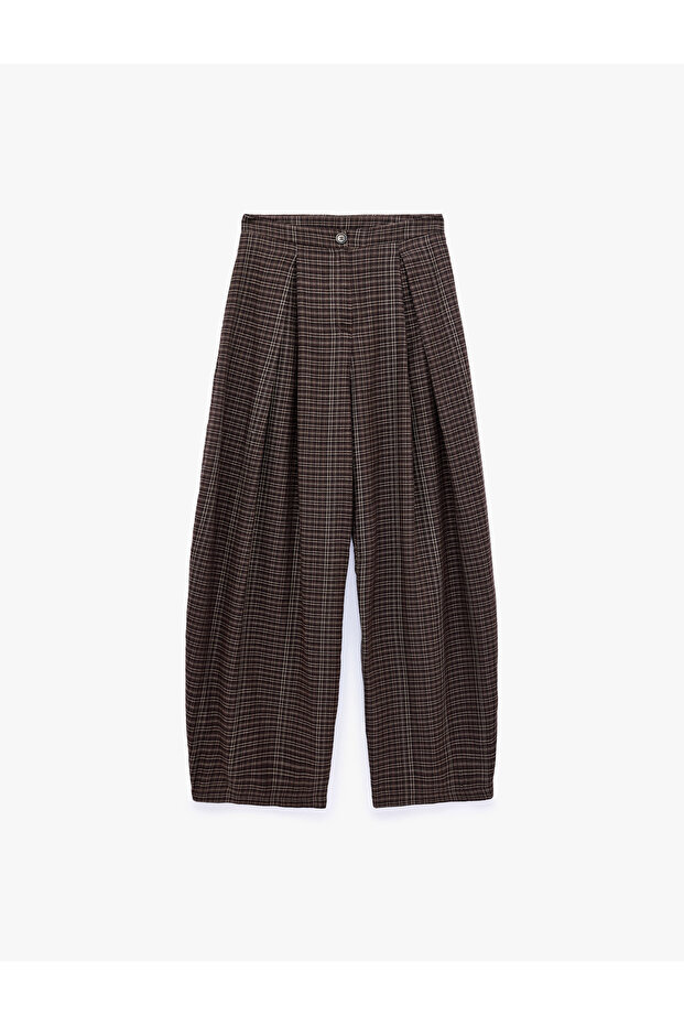 Normal Waist Balloon Cut Pocketed Buttoned Pleated Plaid Barrel Trousers