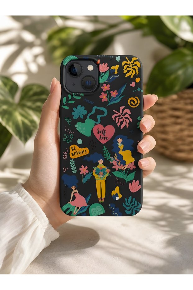 iPhone 15 Plus Compatible Stylish Self Love Motto Design Protective Silicone Case Black