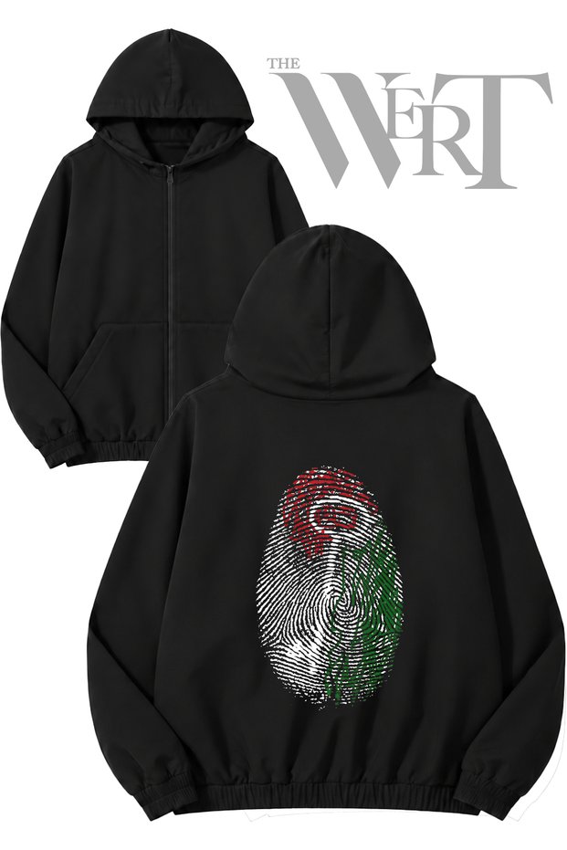 Palestine 1 Back Printed Zippered Hooded Black Cardigan (2 Yarns)