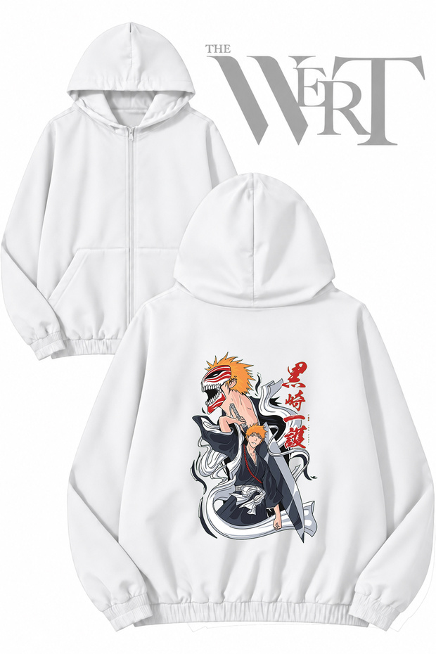 Ichigo Kurosaki Back Printed Zippered Hooded White Cardigan (2 Yarns)