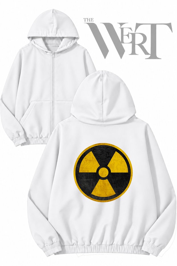 Danger Back Printed Zippered Hooded White Cardigan (2 Yarns)
