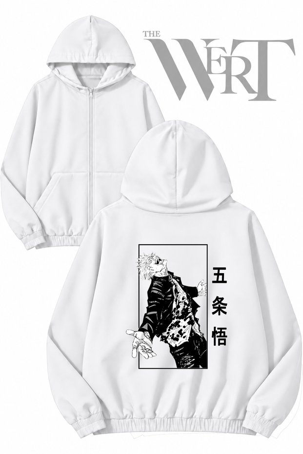 Jujutsu Kaisen Gojo Satoru Back Printed Zippered Hooded White Cardigan (2 Yarns)