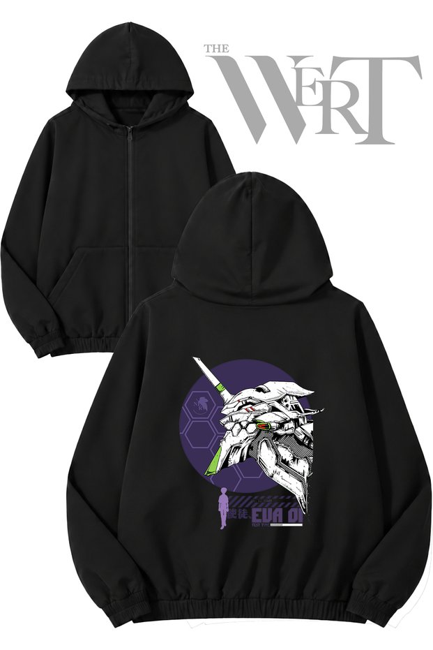 Neon Genesis Evangelion 2 Back Printed Zippered Hooded Black Cardigan (2 Yarns)