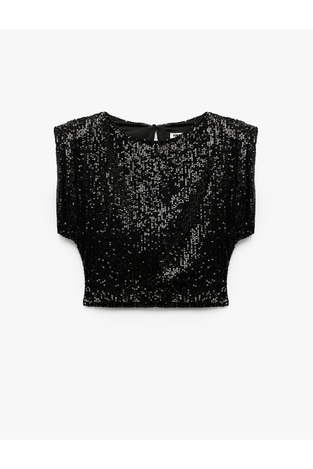 Slim Fit Sequined Crew Neck Short Bat Sleeve Evening Dress Blouse