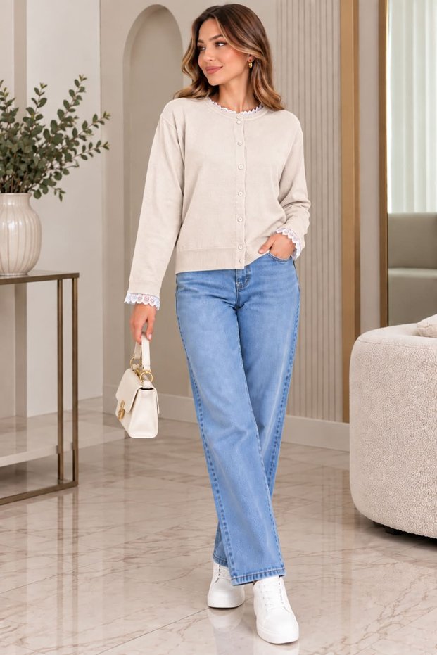 Women's Knitwear Cardigan Lace Detailed Buttoned Crew Neck Long Sleeve Stylish Casual Knitted Cardigan