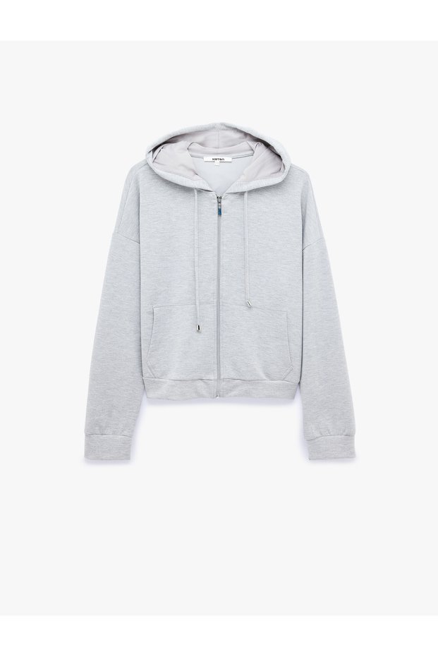 Hooded Zippered Boxy Modal Sweatshirt with Kangaroo Pocket