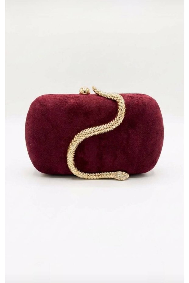Women's Snake Figured Stoned Burgundy Suede Portfolio Evening Dress Handbag Hardbox Clutch and Shoulder Strap